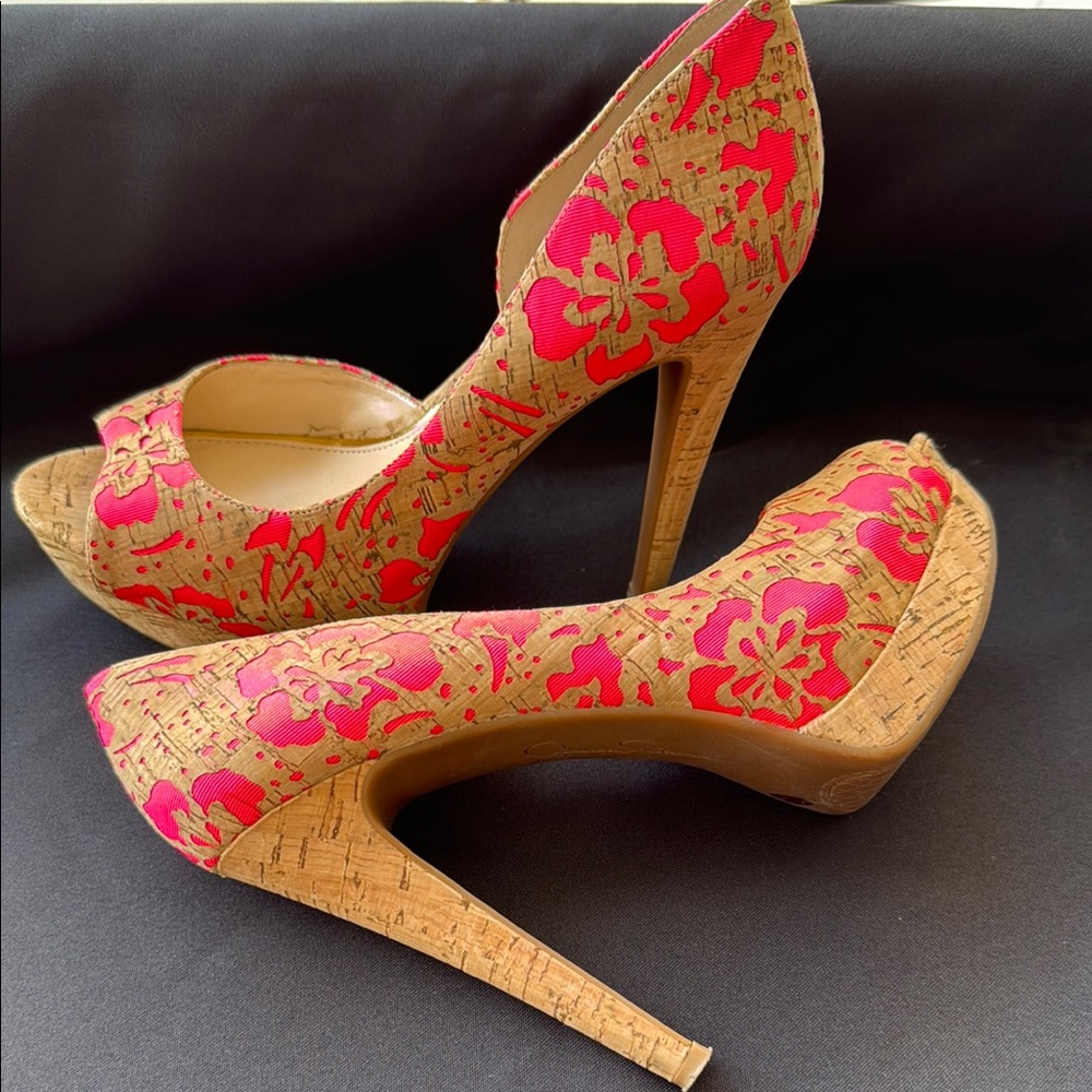 Elegant Pink and Tan Peep-Toe Stiletto Heels
